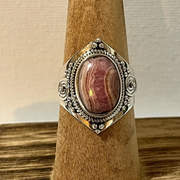 SOLID 925 STERLING SILVER GEMSTONE RHODOCHROSITE RING SIZE 8 - Picture 1 of 7